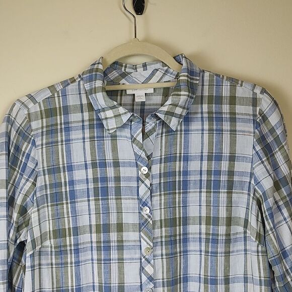 J. Jill Love Linen Roll Tab Sleeve Plaid Popover Tunic Blouse Top Size SP - Picture 5 of 11